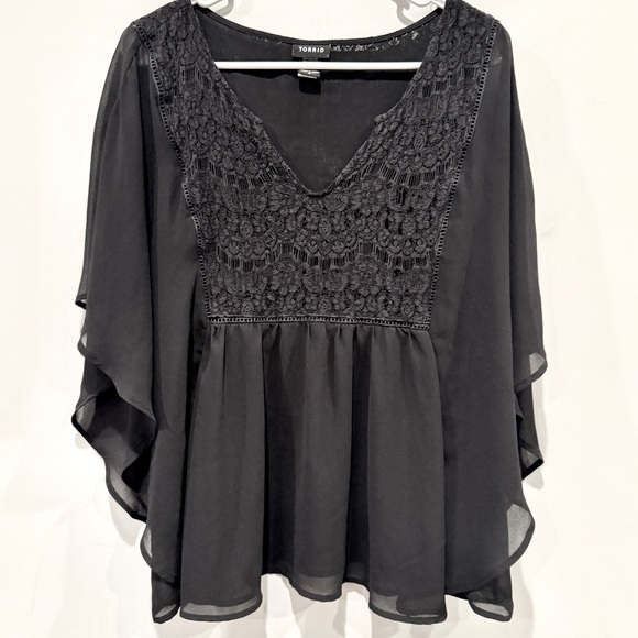 torrid Tops - Torrid Black Lace and Crochet Accent Blouse with Sheer Sleeves NWOT